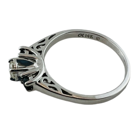 14K White Gold 3 Stone Natural Diamond Lab Created Sapphires Ring #15619 - Picture 2 of 9